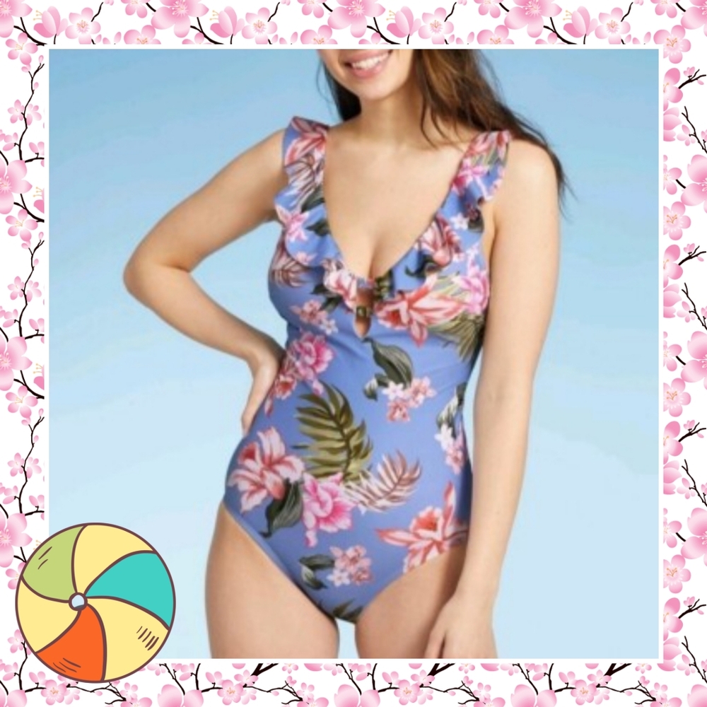 Kona Sol Floral Ruffle One Piece Swimsuit - Blue and Pink